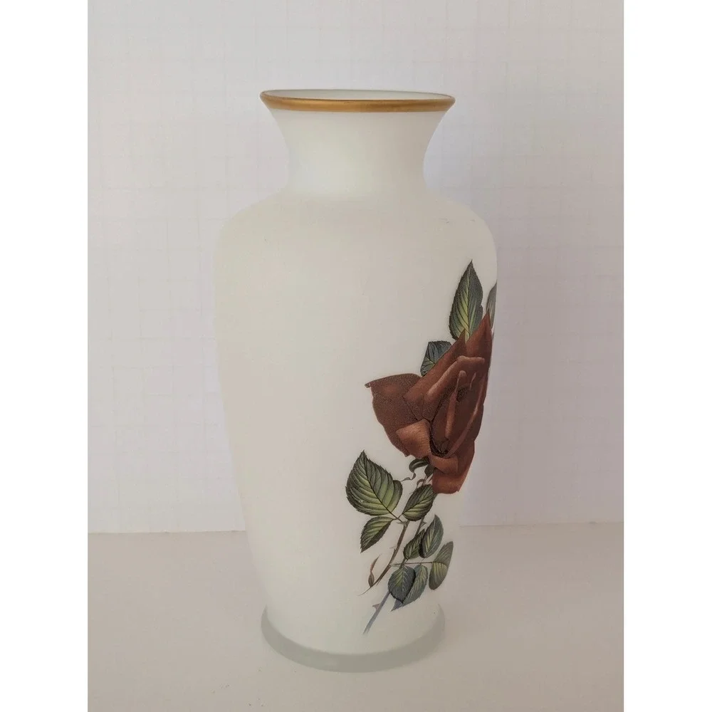 Vintage Napcoware Frosted Satin Glass Vase Red Rose Floral Gold Rim Japan
